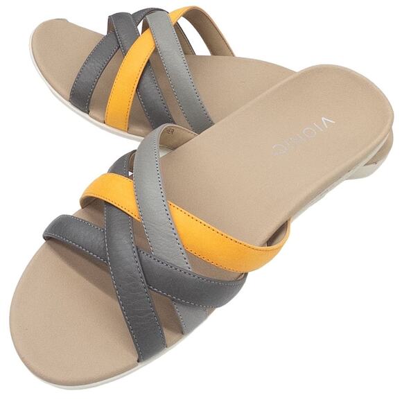 Vionic Dava  Leather Strappy Flat Sandals 7 Women's Gray Orange - Picture 1 of 5